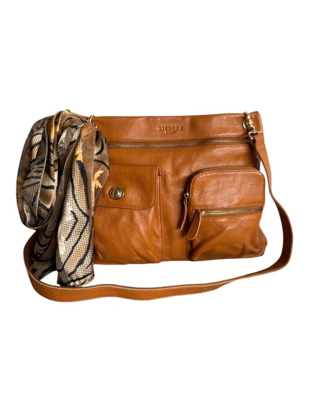 DISSONA Italy Leather Multi Pocket Crossbody Utility Bag Cognac Gold Hardware​